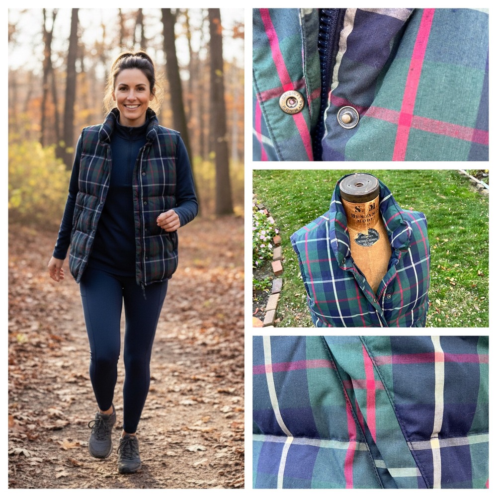 Vintage Eddie Bauer Puffer Vest Women Tartan Plaid‎ Down Green Small Petit 90's
